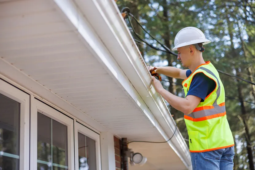 Worker in hard hat and safety vest inspecting gutters on a house roofline