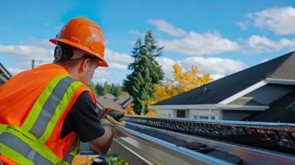 A construction worker is working on the roof of a house.