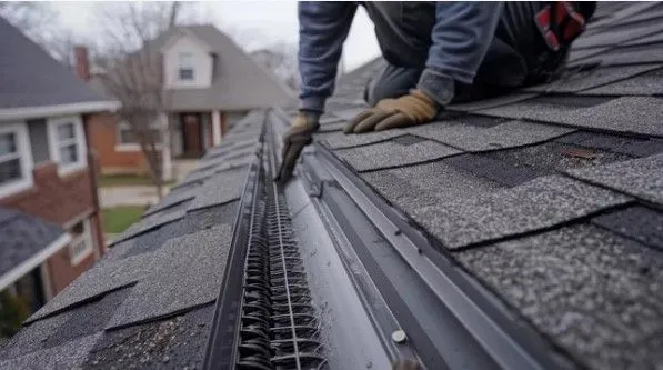 A man is working on the roof of a house.