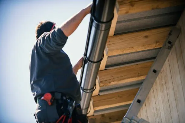 A man is installing a gutter on the roof of a building.