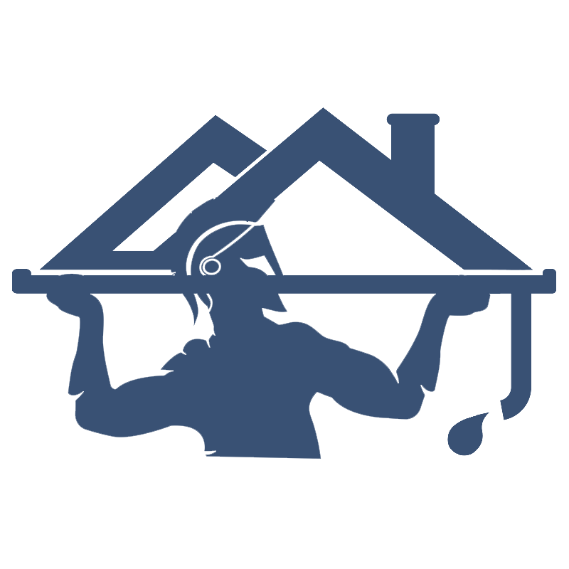 Blue logo of a roofer lifting a roofline with a house and chimney outline above