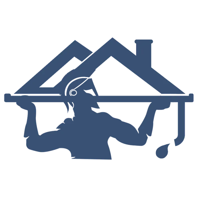 Blue logo of a roofer lifting a roofline with a house and chimney outline above