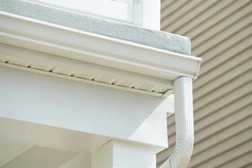A close-up of a white gutter on the side of a house.